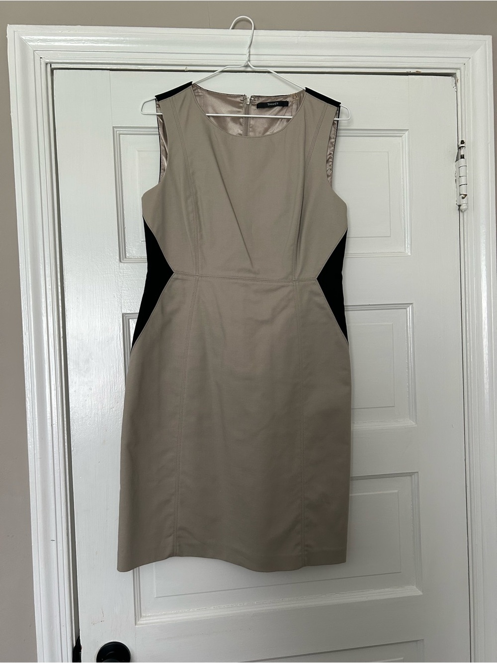 Tahari Taupe Midi Sheath Dress with Black Side Panels